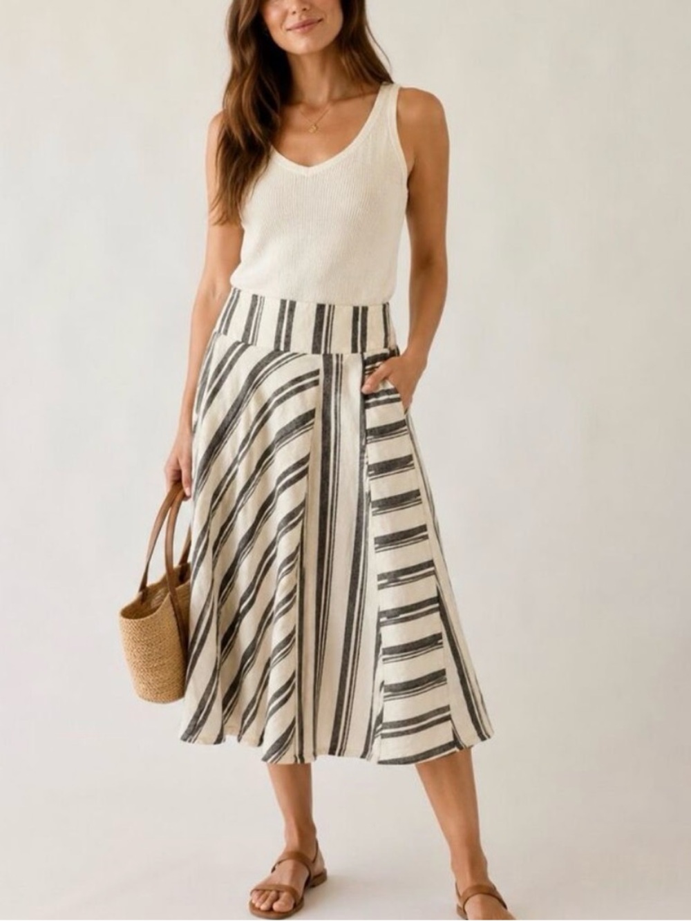 GAP White  Maxi Skirt with Black Stripe Pattern Size 12R